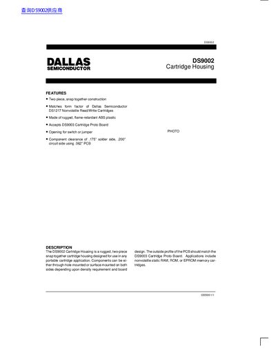 Dallas Semiconductor DS9002 Cartridge Housing Product Leaflet - cover page
