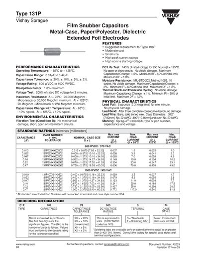 Vishay Type 131P Film Snubber Capacitor Datasheet - cover page