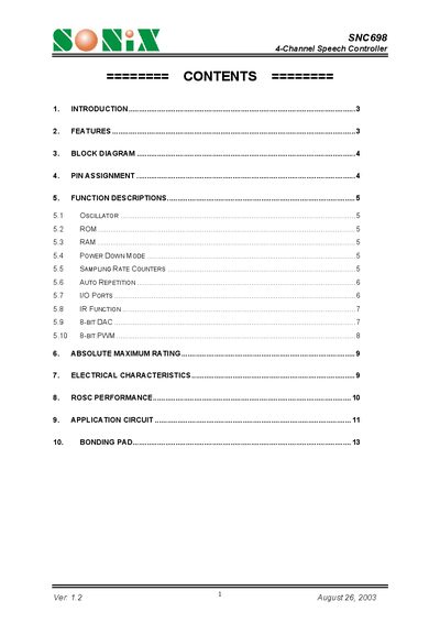 SONiX SNC698 4-Channel Speech Controller Datasheet - cover page