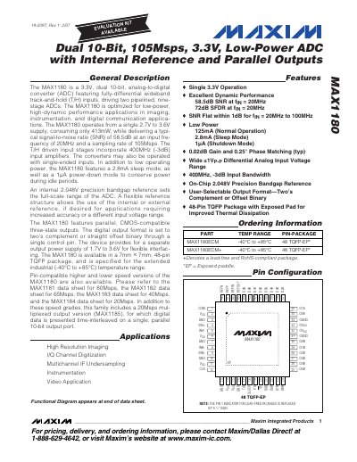 Maxim MAX1180 Dual 10‑Bit 105Msps 3.3V Low‑Power ADC Data Sheet - cover page