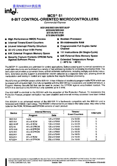 Intel MCS‑51 8‑Bit Microcontroller Family Datasheet - cover page