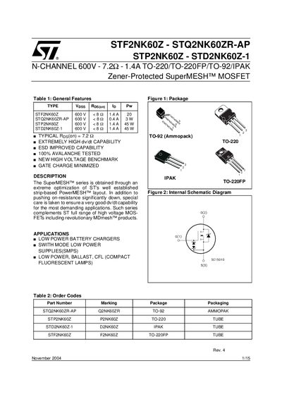 STMicroelectronics STF2NK60Z / STQ2NK60ZR-AP / STP2NK60Z / STD2NK60Z-1 Datasheet - cover page