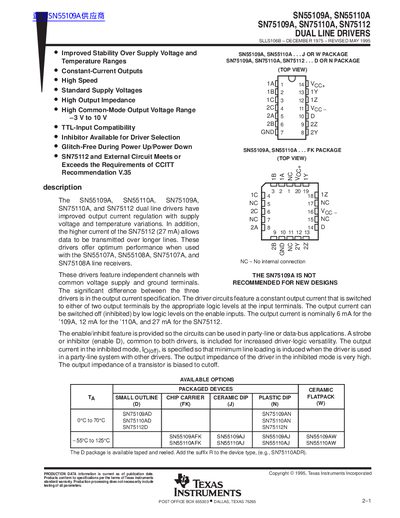 Texas Instruments SN55109A/SN55110A/SN75109A/SN75110A/SN75112 Dual Line Drivers Datasheet - cover page