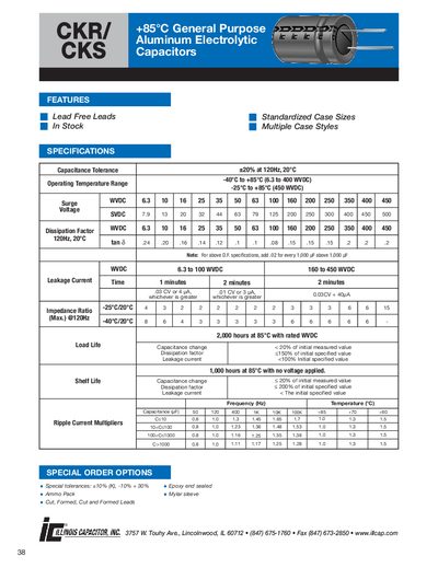 Illinois Capacitor CKR/CKS +85°C General Purpose Aluminum Electrolytic Capacitors Datasheet - cover page