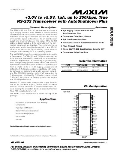 Maxim MAX3238 RS-232 Transceiver Datasheet - cover page
