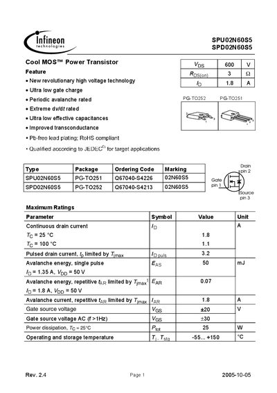 INFINEON SPU02N60S5/SPD02N60S5 Cool MOS Power Transistor Manual - cover page