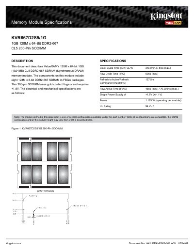 Kingston KVR667D2S5/1G Memory Module Datasheet - cover page