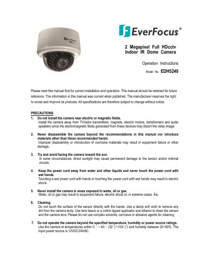 EverFocus EDH5240 2MP HDcctv Indoor IR Dome Camera Operation Instructions - cover page