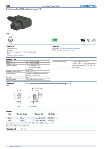 SCHURTER 4785 Appliance Plug C13 Manual