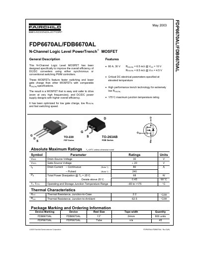 Fairchild FDP6670AL/FDB6670AL N-Channel Logic Level PowerTrench MOSFET Datasheet - cover page