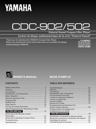 Yamaha CDC-902/502 Natural Sound Compact Disc Player User Manual - cover page