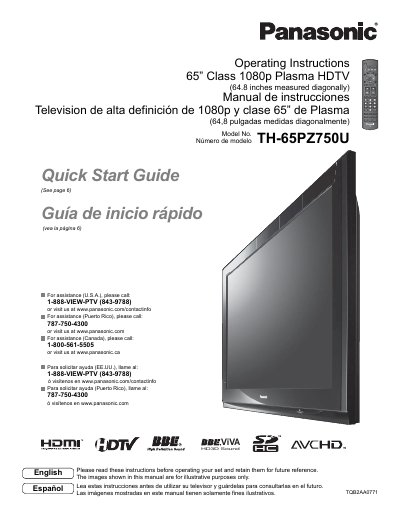 Panasonic TH-65PZ750U 65" Class Plasma HDTV Operating Instructions - cover page