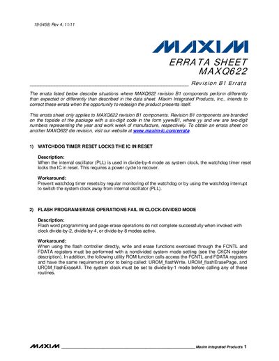 Maxim MAXQ622 Errata Sheet - cover page