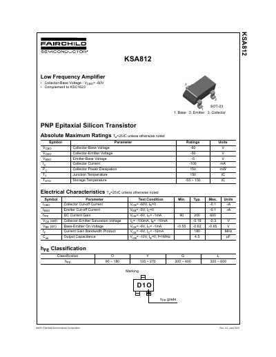 Fairchild KSA812 PNP Transistor Datasheet - cover page