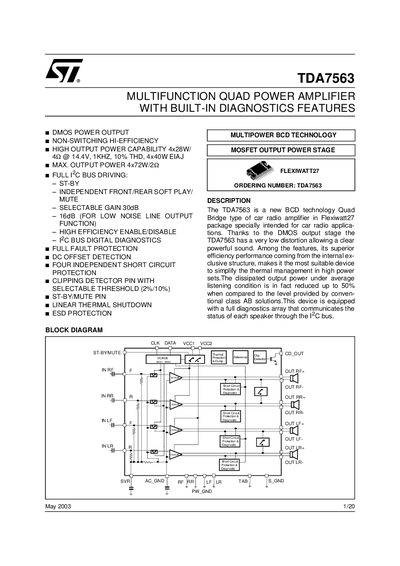 STMicroelectronics TDA7563 Multifunction Quad Power Amplifier Datasheet - cover page