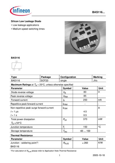 Infineon BAS116 Silicon Low Leakage Diode Datasheet - cover page