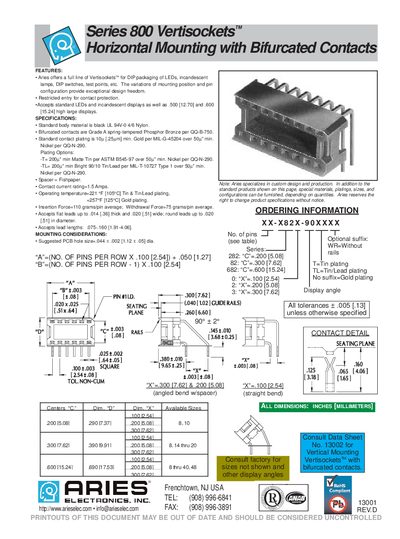 Aries Series 800 Vertisockets Horizontal Mounting Bifurcated Contacts Handbook - cover page