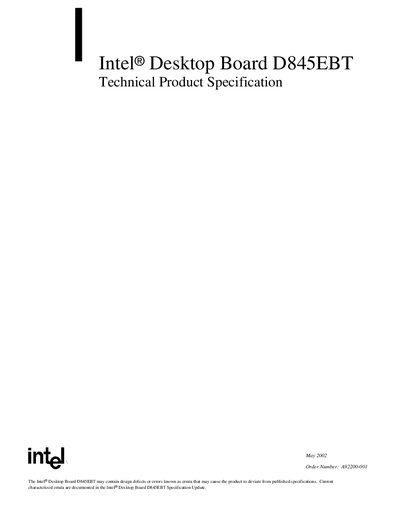 Intel D845EBT Desktop Board Technical Product Specification - cover page