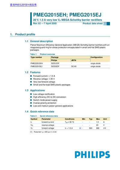 Philips PMEG2015EH; PMEG2015EJ Schottky Barrier Rectifiers Product Data Sheet - cover page