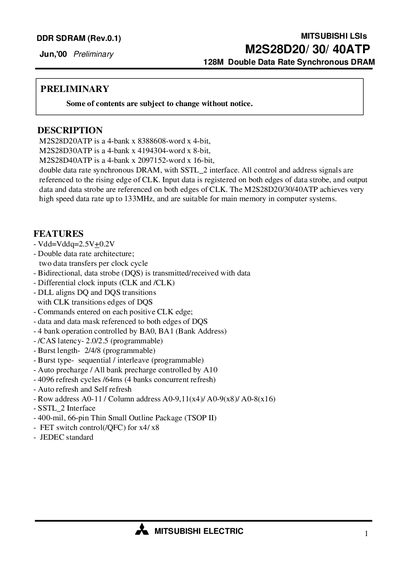 Mitsubishi Electric M2S28D20/30/40ATP DDR SDRAM Handbook - cover page