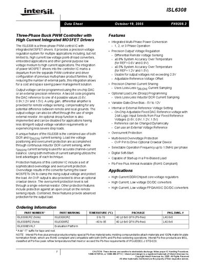 Intersil ISL6308 Three-Phase Buck PWM Controller Datasheet - cover page