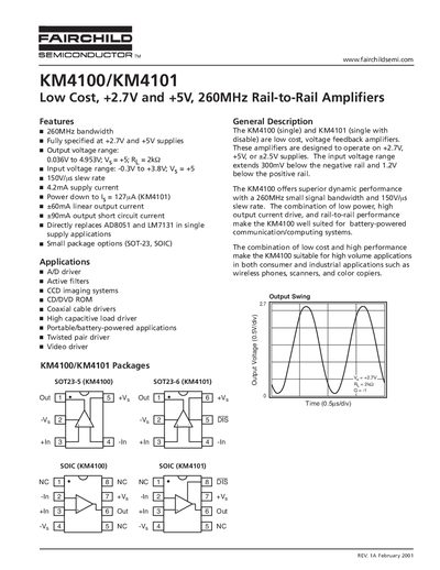 Fairchild KM4100/KM4101 Low Cost Rail-to-Rail Amplifiers Datasheet - cover page