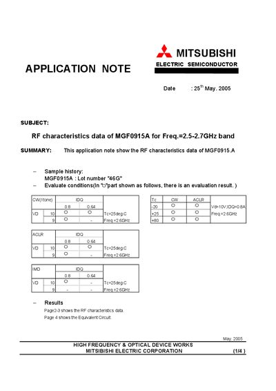 Mitsubishi Electric MGF0915A Application Note - cover page