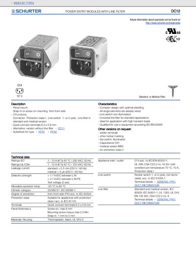 Schurter DC12 Power Entry Modules with Line Filter Handbook - cover page