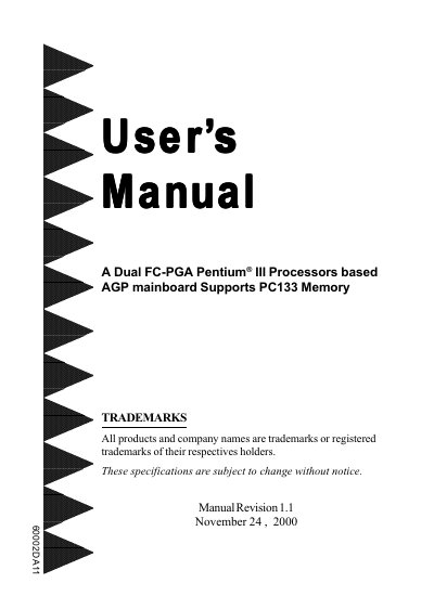 Dual FC-PGA Pentium III Processors based AGP mainboard Supports PC133 Memory User's Manual - cover page
