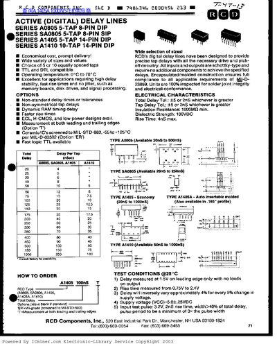 RCD components A0805 SA0805 A1405 A1410 SERIES ACTIVE DELAY LINES  - cover page