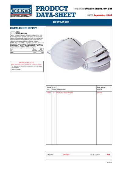Draper Dust Masks Product Sheet - cover page
