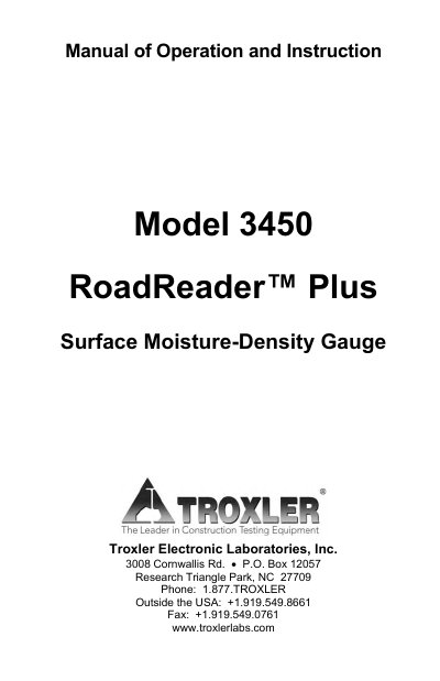 Troxler Model 3450 Surface Moisture-Density Gauge User Manual - cover page