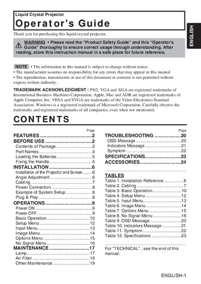 TECHNICA Liquid Crystal Projector Operator's Guide - cover page