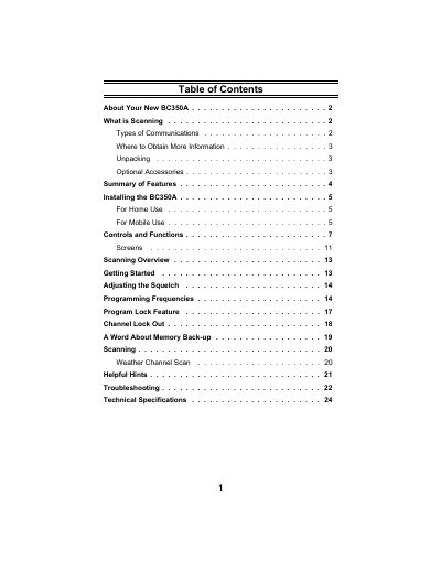 Uniden BC350A Auto Scanner Operating Guide - cover page