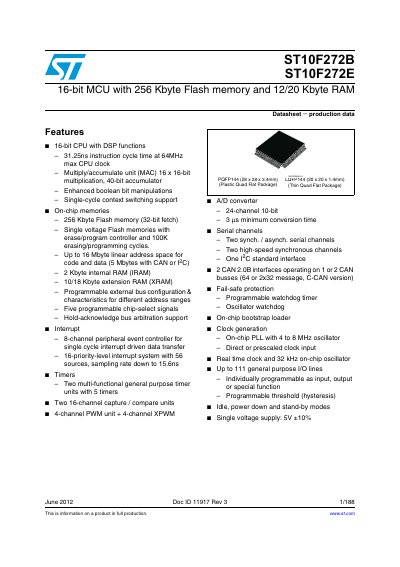 STMicroelectronics ST10F272B/ST10F272E 16-bit MCU Datasheet