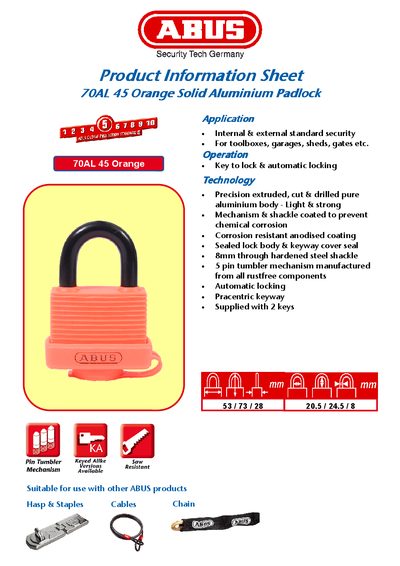 ABUS Product Information Sheet 70AL 45 Orange Solid Aluminium Padlock Manual - cover page