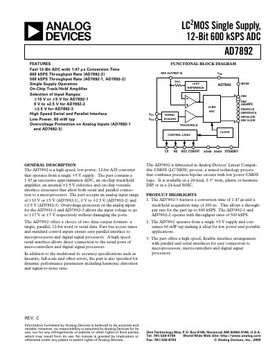Analog Devices AD7892 12‑Bit ADC Datasheet - cover page