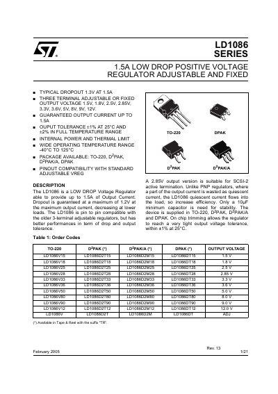 STMicroelectronics LD1086 Series 1.5A Low Drop Positive Voltage Regulator Datasheet - cover page