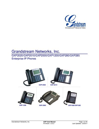 Grandstream Networks Inc. GXP2020/GXP2010/GXP2000/GXP1200/GXP280/GXP285 Enterprise IP Phones user manual - cover page