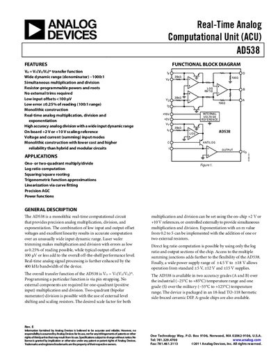 Analog Devices AD538 Real-Time Analog Computational Unit Datasheet - cover page