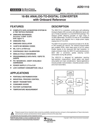 Texas Instruments ADS1110 16‑Bit Analog‑to‑Digital Converter with Onboard Reference Datasheet - cover page