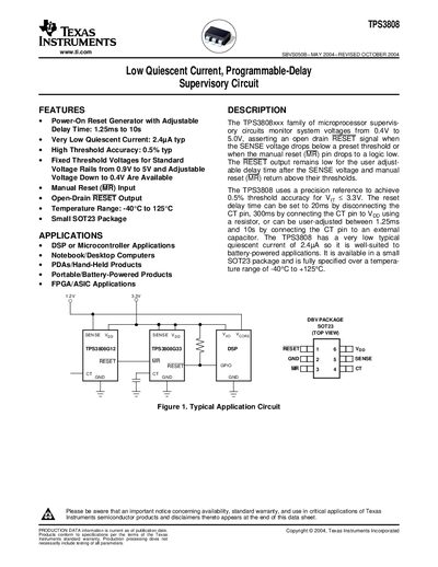 Texas Instruments TPS3808 Low Quiescent Current Programmable-Delay Supervisory Circuit Datasheet - cover page