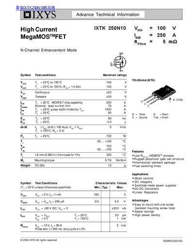 IXYS IXTK 250N10 High Current MegaMOS FET Datasheet - cover page