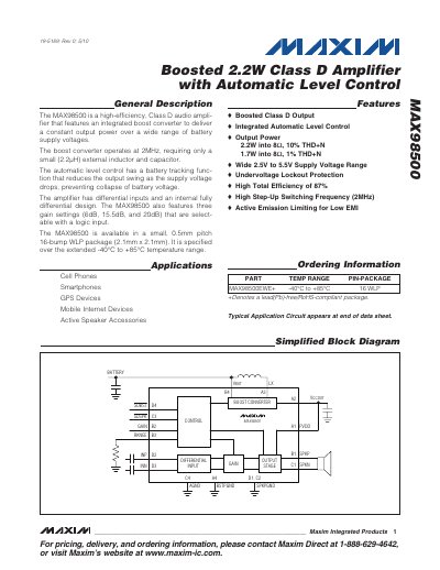 Maxim MAX98500 Class D Audio Amplifier Datasheet - cover page