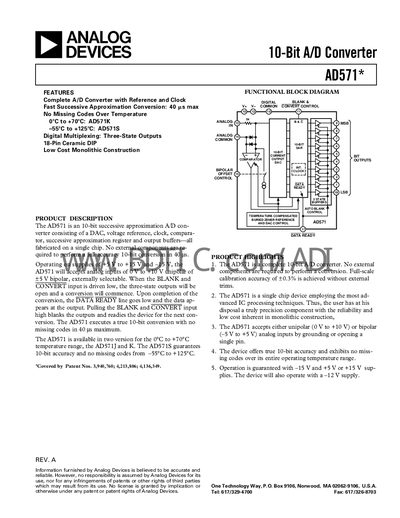 Analog Devices AD571 Datasheet - cover page