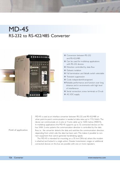 Westermo MD-45LV RS232 to RS422/485 Converter Technical Data Sheet - cover page