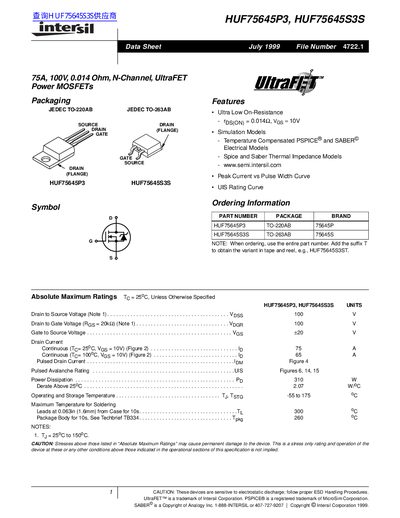 Intersil HUF75645P3/HUF75645S3S Power MOSFET Datasheet - cover page