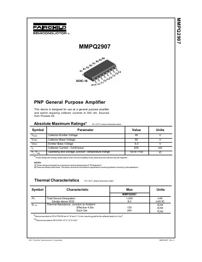 Fairchild Semiconductor MMPQ2907 PNP General Purpose Amplifier Datasheet - cover page