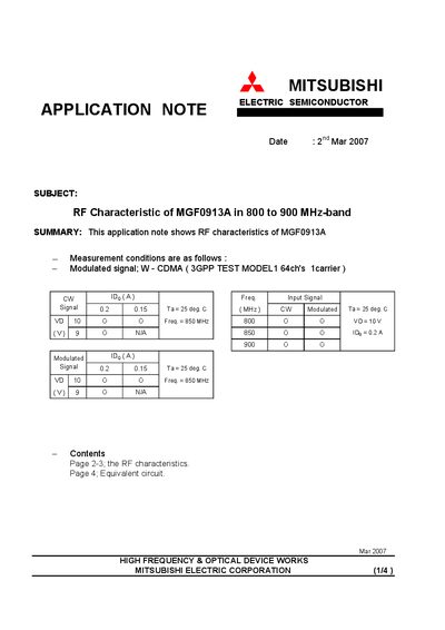 MITSUBISHI ELECTRIC SEMICONDUCTOR RF Characteristic of MGF0913A in 800 to 900 MHz-band Manual - cover page