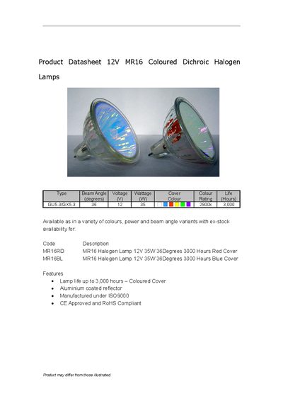 12V MR16 Halogen Lamp Product Datasheet - cover page